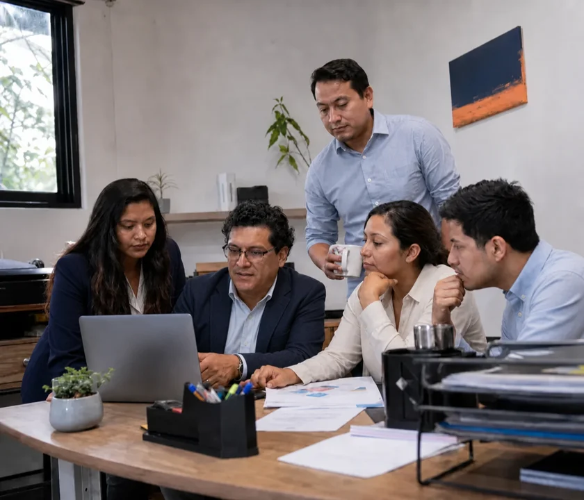 Equipo de GOM Solutions colaborando en la oficina